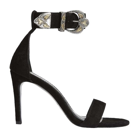 Maje Shoes - MAJE Falbaria black suede leather western buckle ankle strap heel sandals 39 NEW